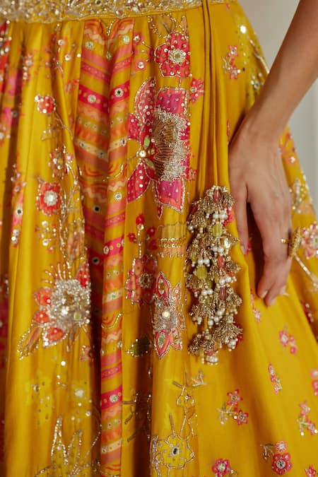 Buy_Paulmi And Harsh_Yellow Shantoon, Organza Embroidery, Sequins, Florette Print 16 Kali Lehenga Set 