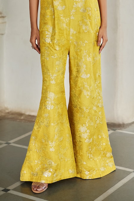 Paulmi And Harsh_Yellow Jacquard, Shantoon, Net Embroidery V-neck, Scoop Floral Woven Jumpsuit _Online_at_Aza_Fashions