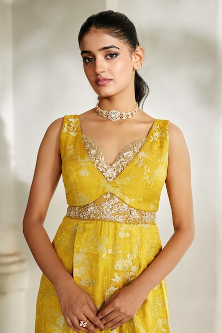 Buy_Paulmi And Harsh_Yellow Jacquard, Shantoon, Net Embroidery V-neck, Scoop Floral Woven Jumpsuit _Online_at_Aza_Fashions