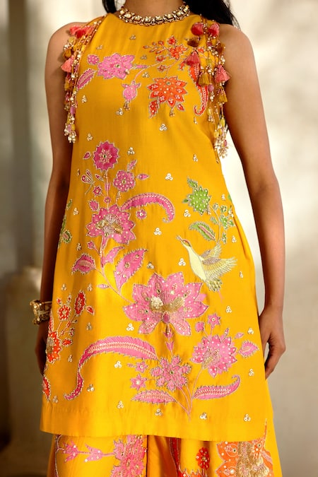 Paulmi And Harsh Yellow Sequins, Tassels, Embroidery Round Neck Garden Print Kurta And Palazzo Set Online at Aza Fashions Paulmi And Harsh_Yellow Sequins, Tassels, Embroidery Round Neck Garden Print Kurta And Palazzo Set _Online_at_Aza_Fashions