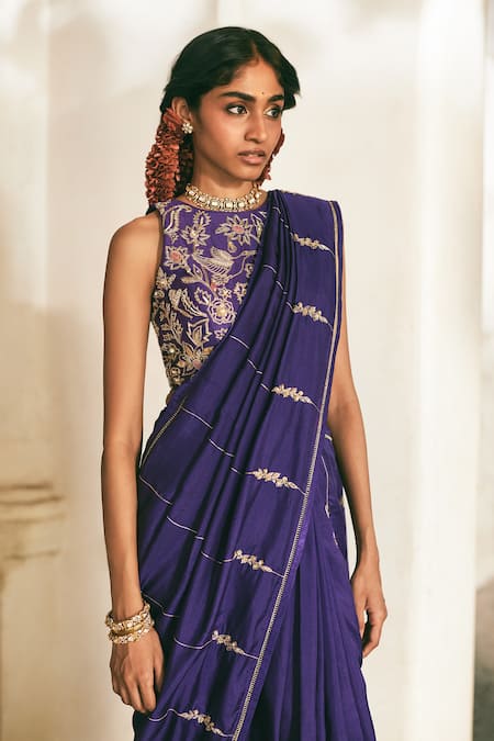 Paulmi And Harsh_Purple Silk, Shantoon Embroidery, Tassels High Neck Saree With Blouse _Online_at_Aza_Fashions