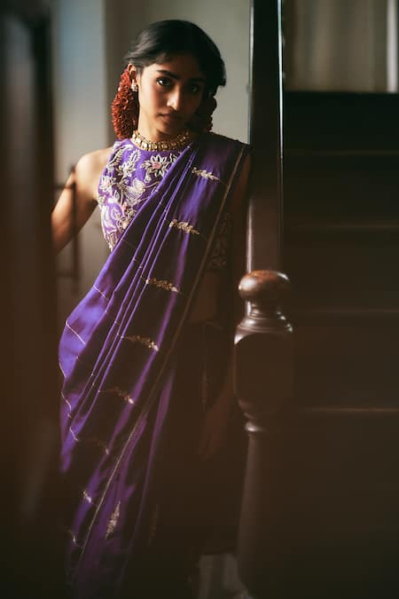 Buy_Paulmi And Harsh_Purple Silk, Shantoon Embroidery, Tassels High Neck Saree With Blouse _Online_at_Aza_Fashions