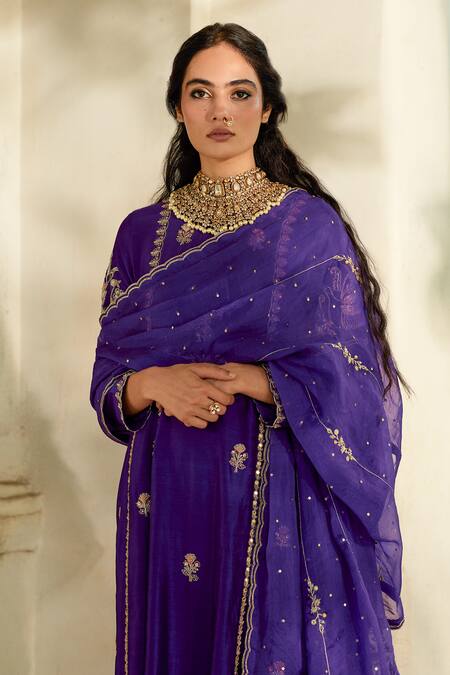 Buy Paulmi And Harsh Purple Organza Embroidery, Sequins Round Neck Zardozi Anarkali Set Buy_Paulmi And Harsh_Purple Organza Embroidery, Sequins Round Neck Zardozi Anarkali Set