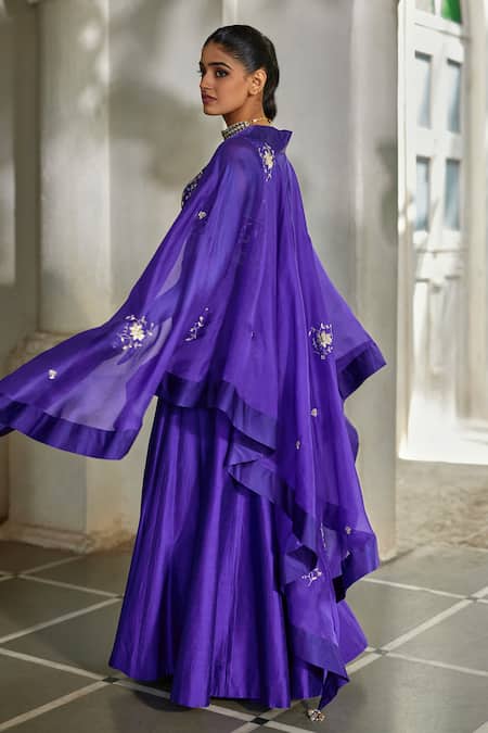 Paulmi And Harsh_Purple Embroidery, Tassels Sweetheart , Open Cape Palazzo Set _Online_at_Aza_Fashions