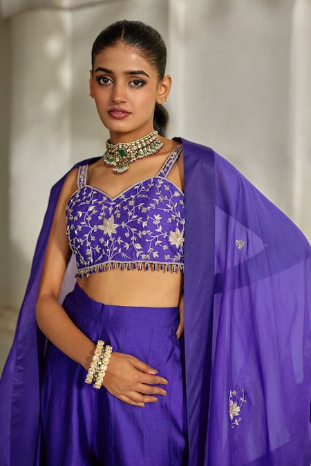 Buy_Paulmi And Harsh_Purple Embroidery, Tassels Sweetheart , Open Cape Palazzo Set _Online_at_Aza_Fashions