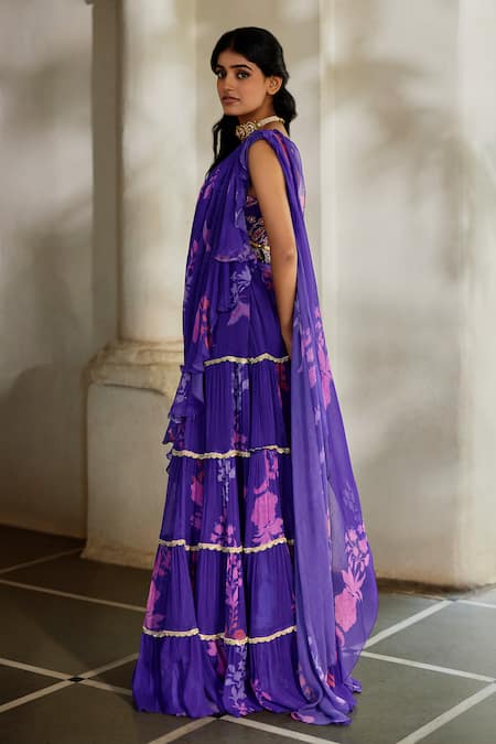 Paulmi And Harsh_Purple Chiffon Embroidery, Sequins, Floral Print Pre-stitched Saree With Blouse _Online_at_Aza_Fashions