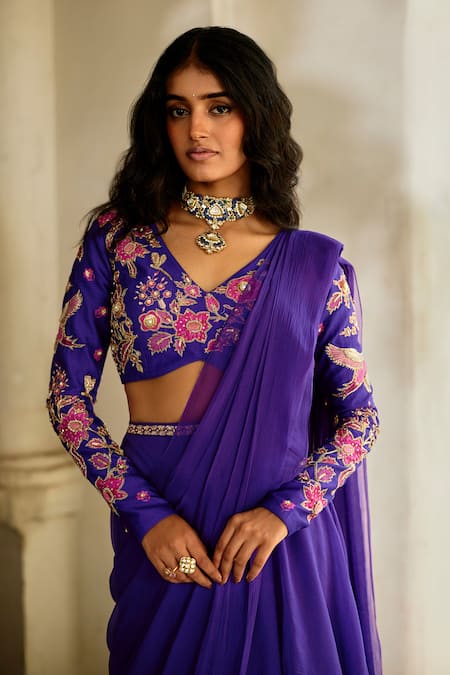 Paulmi And Harsh_Purple Chiffon Embroidery, Tassels V-neck, Ruffle Pre-draped Saree With Blouse _Online_at_Aza_Fashions