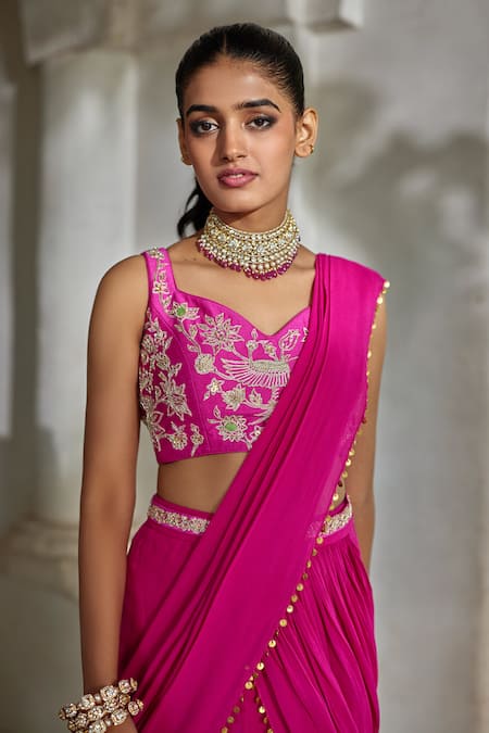 Paulmi And Harsh_Pink Georgette Embroidery, Sequins, Tassels Pre-draped Saree With Blouse _Online_at_Aza_Fashions