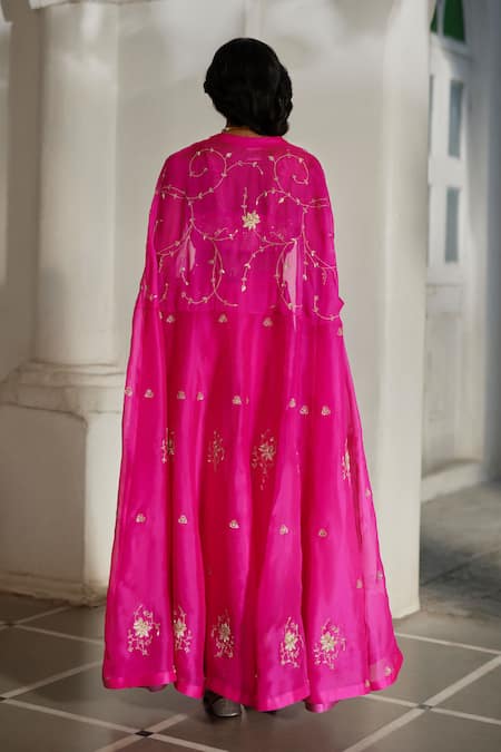 Shop Paulmi And Harsh Pink Chinon, Organza Embroidery, Zari Sweetheart Neck, Floral Cape Palazzo Set at Aza Fashions Shop_Paulmi And Harsh_Pink Chinon, Organza Embroidery, Zari Sweetheart Neck, Floral Cape Palazzo Set _at_Aza_Fashions