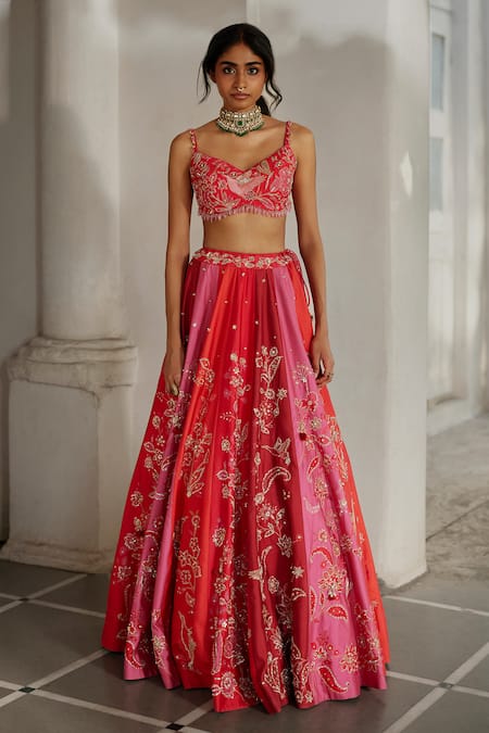 Paulmi And Harsh_Pink Organza Sequins, Embroidery, Zari, Lace Botanical Print And Lehenga Set _Online_at_Aza_Fashions