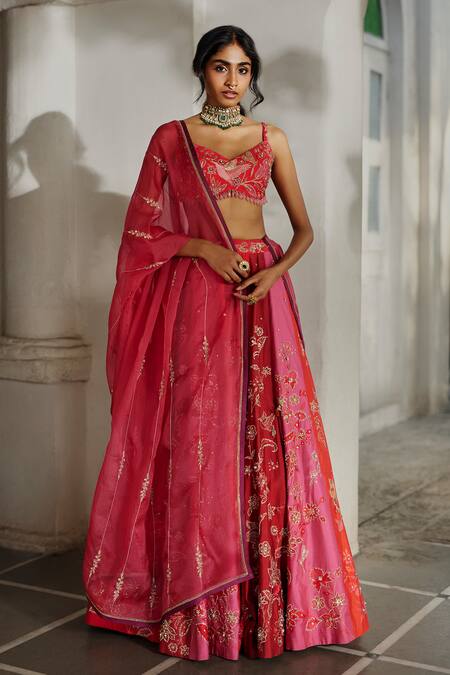 Buy_Paulmi And Harsh_Pink Organza Sequins, Embroidery, Zari, Lace Botanical Print And Lehenga Set _Online_at_Aza_Fashions