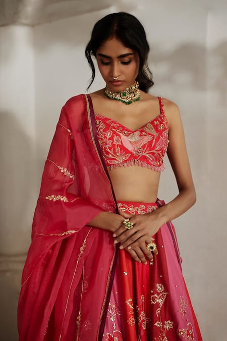 Shop_Paulmi And Harsh_Pink Organza Sequins, Embroidery, Zari, Lace Botanical Print And Lehenga Set _Online_at_Aza_Fashions