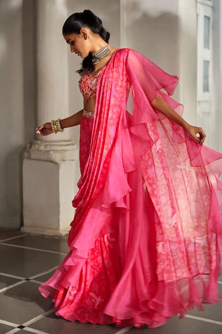 Paulmi And Harsh_Red Georgette Embroidery, Metallic Printed Pre-stitched Saree With Blouse _Online_at_Aza_Fashions