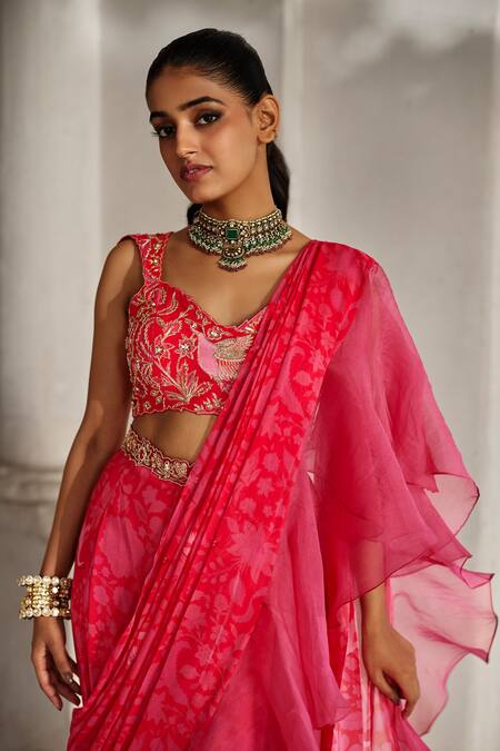 Buy_Paulmi And Harsh_Red Georgette Embroidery, Metallic Printed Pre-stitched Saree With Blouse _Online_at_Aza_Fashions