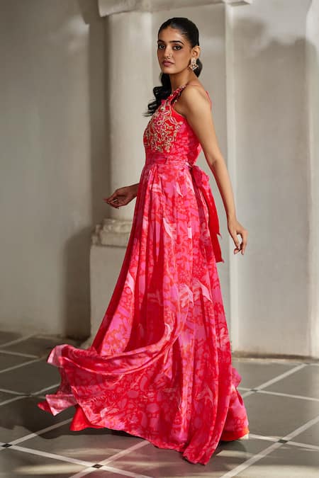 Paulmi And Harsh_Red Crepe Embroidery High Neck Bird Print Jumpsuit With Belt _Online_at_Aza_Fashions