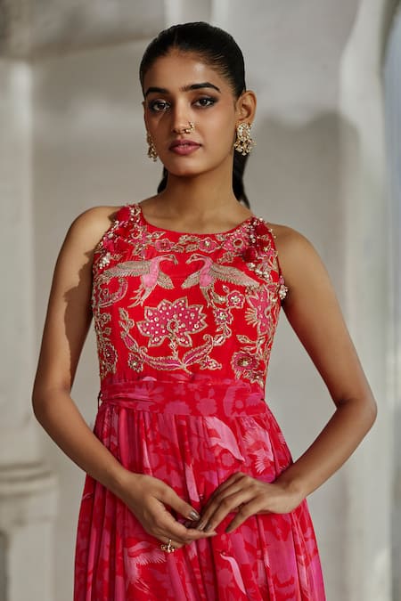 Buy_Paulmi And Harsh_Red Crepe Embroidery High Neck Bird Print Jumpsuit With Belt _Online_at_Aza_Fashions