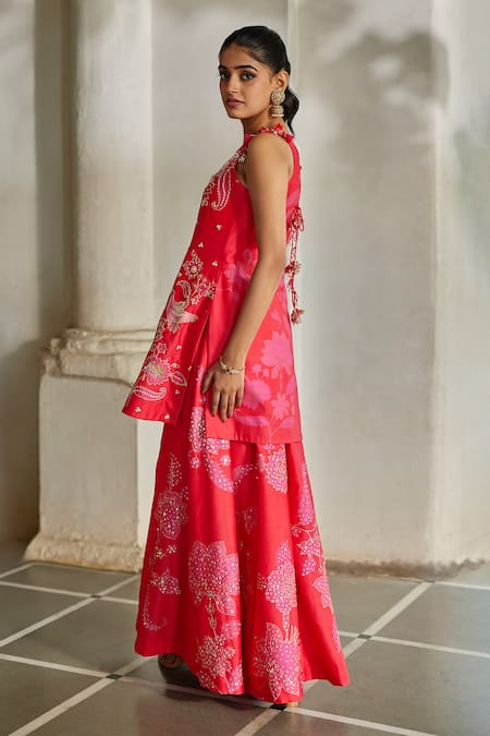 Paulmi And Harsh Red Sequins, Tassels Round Neck Floral Print Kurta And Palazzo Set Online at Aza Fashions Paulmi And Harsh_Red Sequins, Tassels Round Neck Floral Print Kurta And Palazzo Set _Online_at_Aza_Fashions