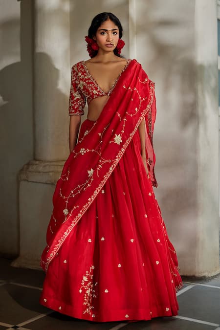 Paulmi And Harsh_Red Organza Embroidery, Zari, Tassels V-neck Zardozi Hand Lehenga Set _at_Aza_Fashions