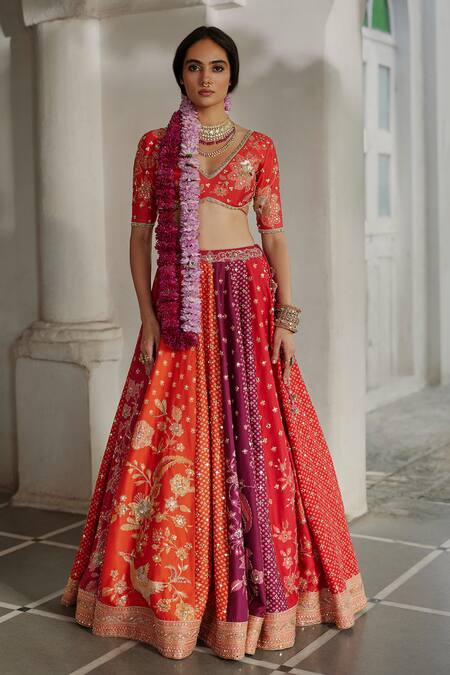Buy_Paulmi And Harsh_Red Shantoon, Organza Sequins, Embroidery, Zari Colorblock 16 Kali Lehenga Set _Online_at_Aza_Fashions