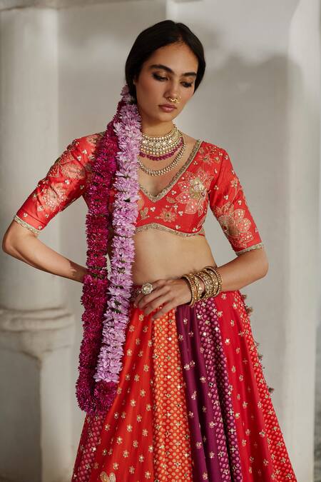 Shop_Paulmi And Harsh_Red Shantoon, Organza Sequins, Embroidery, Zari Colorblock 16 Kali Lehenga Set _Online_at_Aza_Fashions