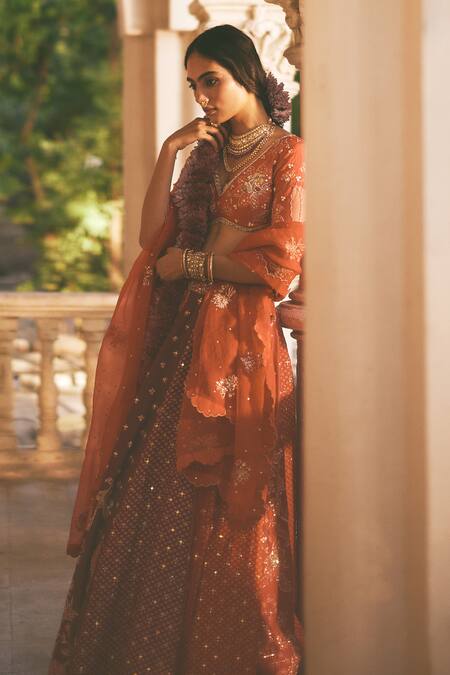Paulmi And Harsh_Red Shantoon, Organza Sequins, Embroidery, Zari Colorblock 16 Kali Lehenga Set _at_Aza_Fashions
