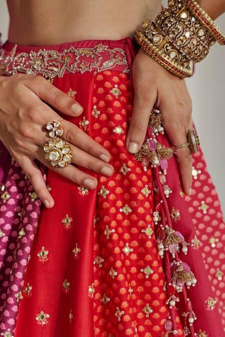 Buy_Paulmi And Harsh_Red Shantoon, Organza Sequins, Embroidery, Zari Colorblock 16 Kali Lehenga Set 