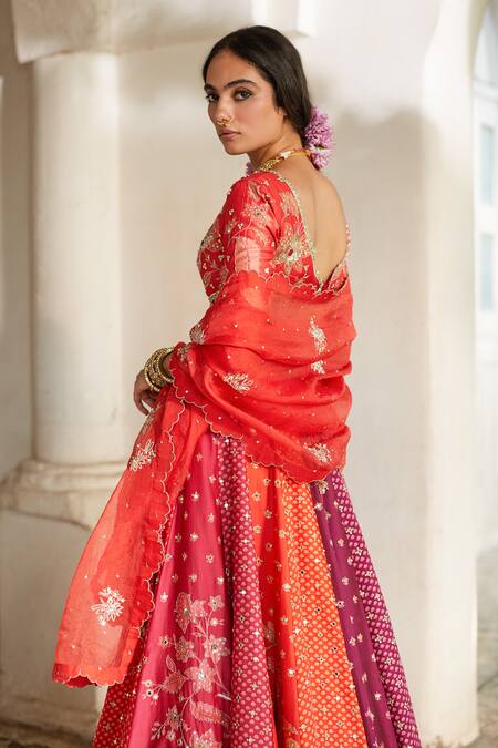 Shop_Paulmi And Harsh_Red Shantoon, Organza Sequins, Embroidery, Zari Colorblock 16 Kali Lehenga Set 