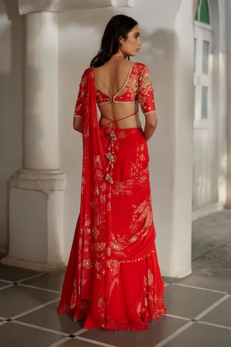 Paulmi And Harsh_Red Chiffon Embroidery, Tassels, Flower Print Pre-draped Saree With Blouse _Online_at_Aza_Fashions