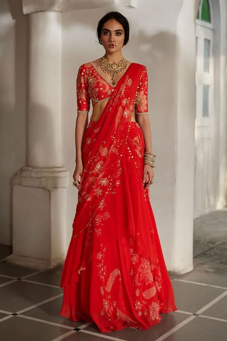 Buy_Paulmi And Harsh_Red Chiffon Embroidery, Tassels, Flower Print Pre-draped Saree With Blouse _Online_at_Aza_Fashions