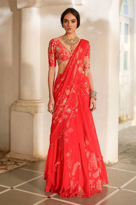 Paulmi And Harsh Flower Print Pre-Draped Saree With Blouse 