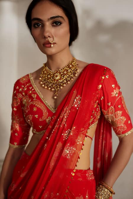 Shop_Paulmi And Harsh_Red Chiffon Embroidery, Tassels, Flower Print Pre-draped Saree With Blouse _Online_at_Aza_Fashions