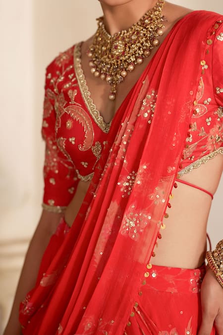 Paulmi And Harsh_Red Chiffon Embroidery, Tassels, Flower Print Pre-draped Saree With Blouse _at_Aza_Fashions