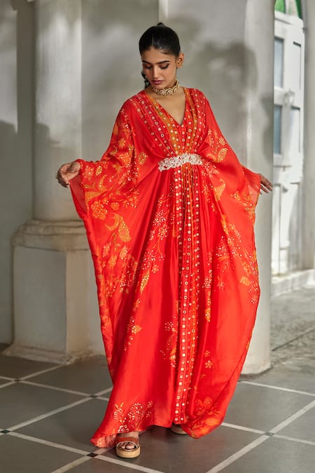 Paulmi And Harsh Leaf Print Kaftan 