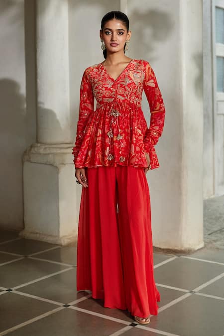 Paulmi And Harsh Printed Peplum Top & Palazzo Set 