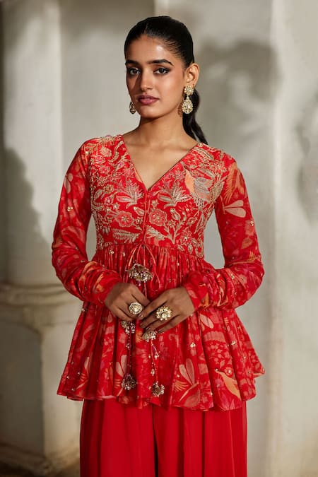 Paulmi And Harsh_Red Georgette Embroidery, Tassels V-neck Printed Peplum Top And Palazzo Set _Online_at_Aza_Fashions