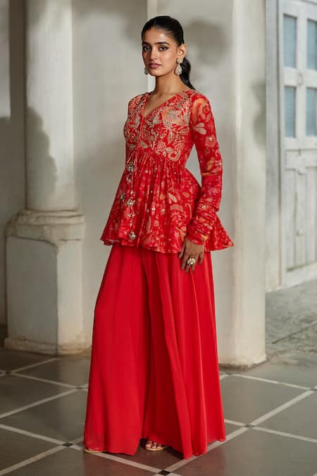 Buy_Paulmi And Harsh_Red Georgette Embroidery, Tassels V-neck Printed Peplum Top And Palazzo Set _Online_at_Aza_Fashions