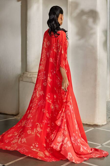 Buy_Paulmi And Harsh_Red Georgette Embroidery, Sequins Sweetheart Neck, Printed Jacket Palazzo Set _Online_at_Aza_Fashions