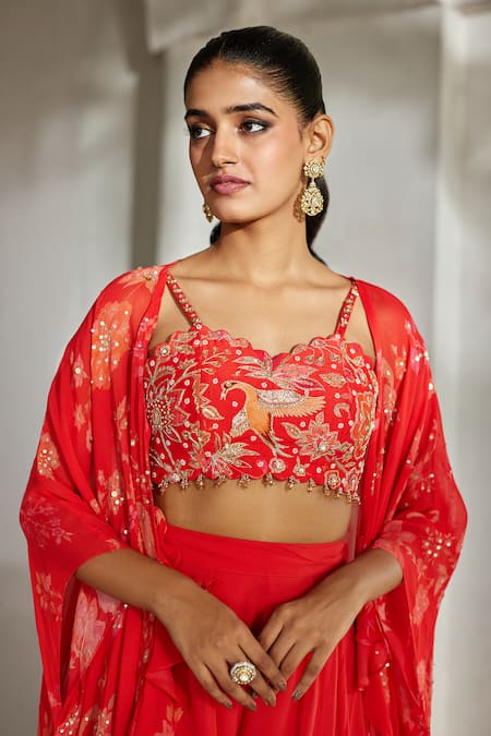 Shop_Paulmi And Harsh_Red Georgette Embroidery, Sequins Sweetheart Neck, Printed Jacket Palazzo Set _Online_at_Aza_Fashions
