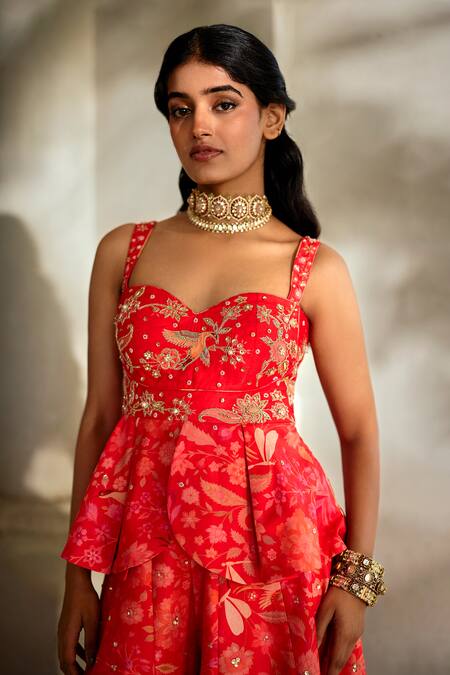 Paulmi And Harsh_Red Embroidery Sweetheart Neck Printed Peplum Top With Palazzo _Online_at_Aza_Fashions