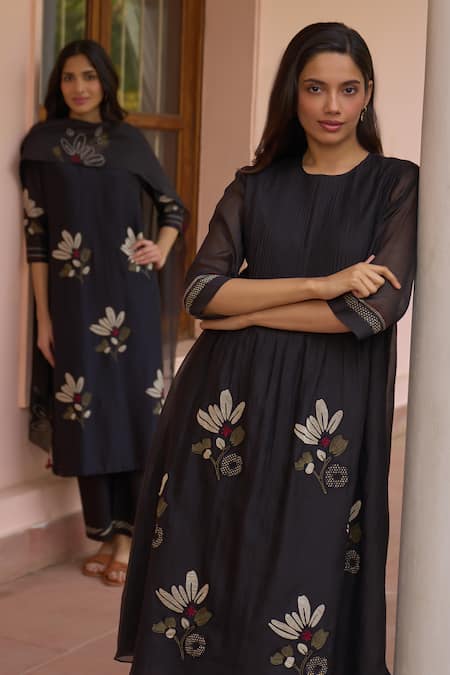 Shop_Vaayu_Black Muslin, Cotton Applique, Embroidery, Noir Pintuck Kurta And Pant Co-ord Set 