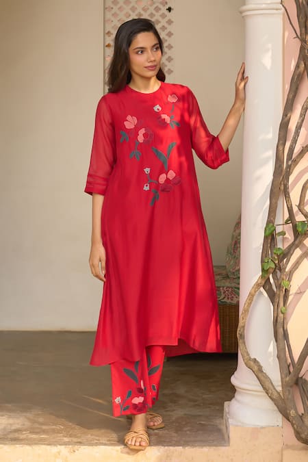 Vaayu Cherry Red Applique Kurta & Pant Co-ord Set 