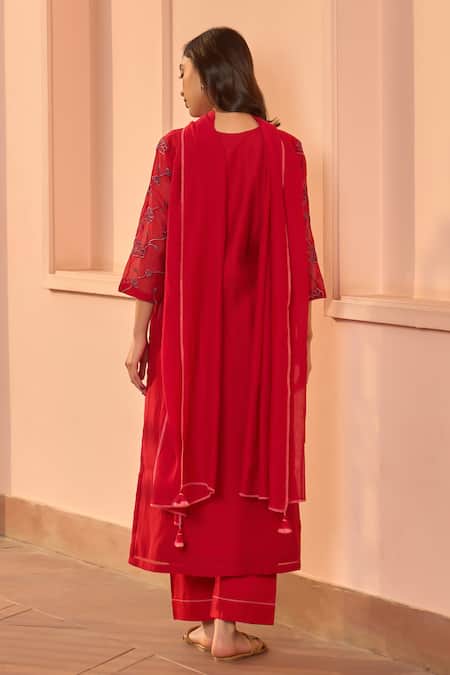 Vaayu Cherry Red Embroidered Kurta Set 