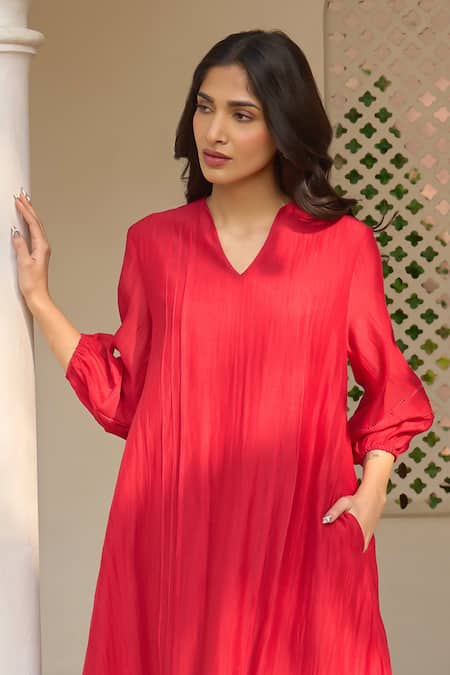 Vaayu_Red Muslin, Cotton Applique Split V-neck Cherry Pintuck Dress _Online_at_Aza_Fashions