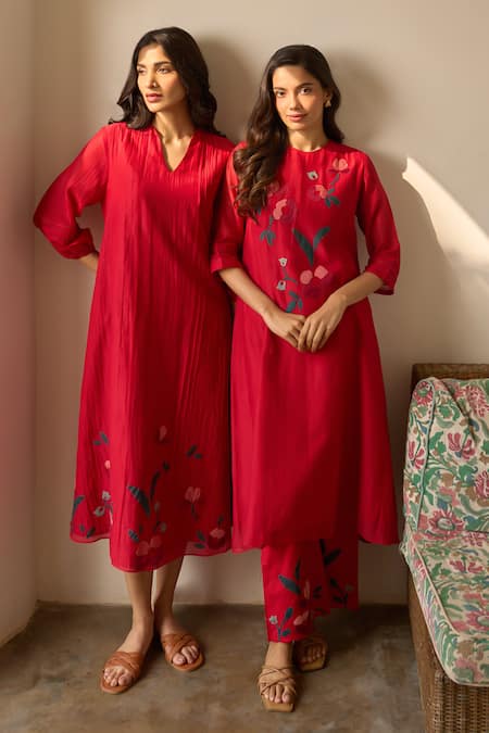 Shop_Vaayu_Red Muslin, Cotton Applique Split V-neck Cherry Pintuck Dress _Online_at_Aza_Fashions