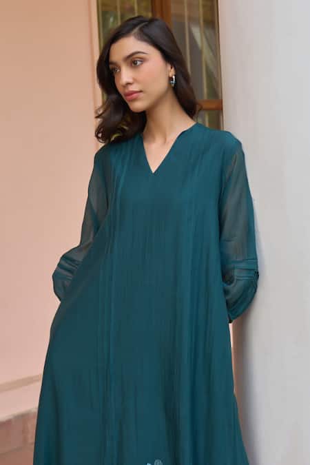 Shop_Vaayu_Green Muslin, Cotton Applique V-neck Jade Dress _Online_at_Aza_Fashions