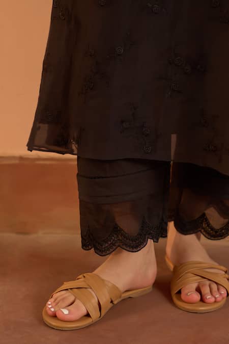 Shop_Vaayu_Black Muslin, Cotton Embroidery Round Neck, Noir Thread Kurta And Pant Co-ord Set _Online_at_Aza_Fashions