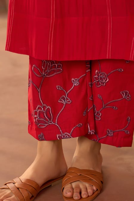 Buy_Vaayu_Red Muslin, Cotton Embroidery V-neck Cherry Kurta And Pant Co-ord Set _Online_at_Aza_Fashions