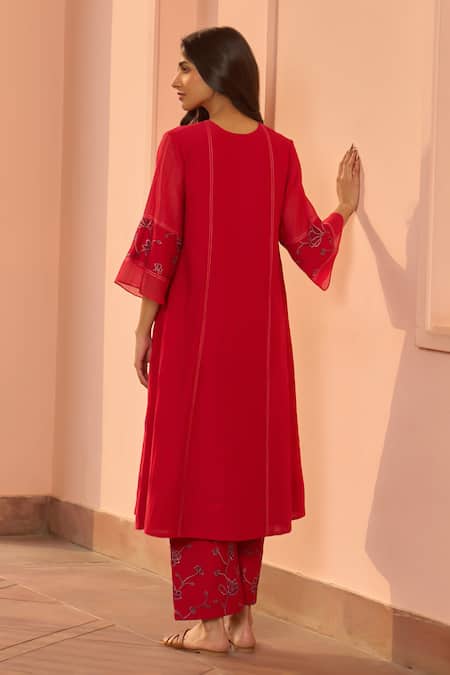 Vaayu Cherry Red Embroidered Kurta & Pant Co-ord Set 