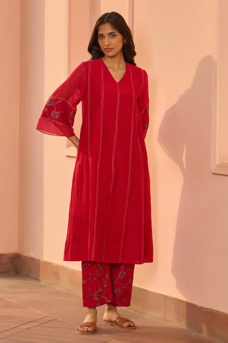 Vaayu Cherry Red Embroidered Kurta & Pant Co-ord Set 