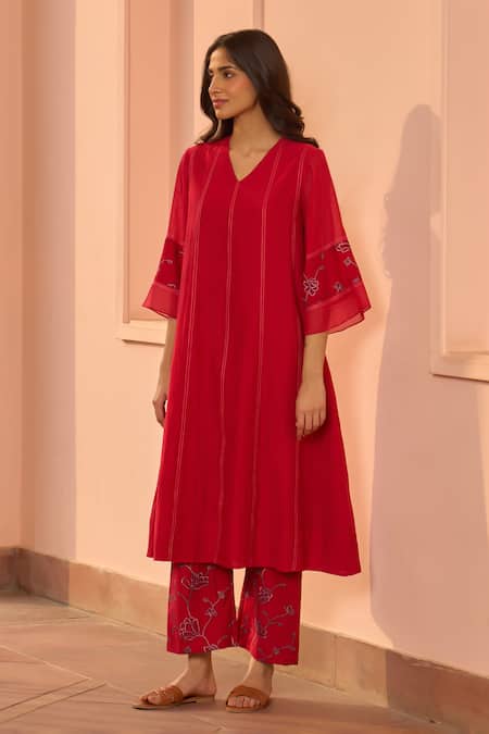 Shop_Vaayu_Red Muslin, Cotton Embroidery V-neck Cherry Kurta And Pant Co-ord Set _Online_at_Aza_Fashions